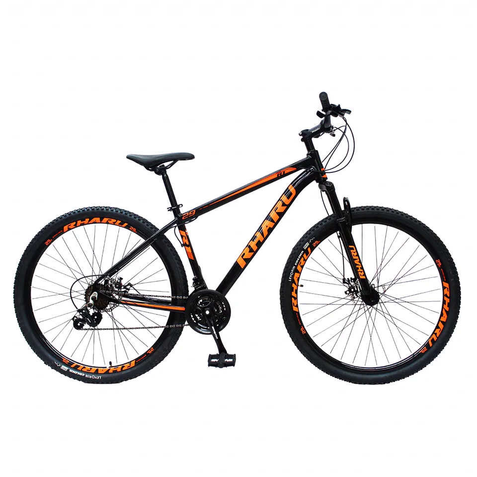 Bicicleta MTB Rharu preta e laranja