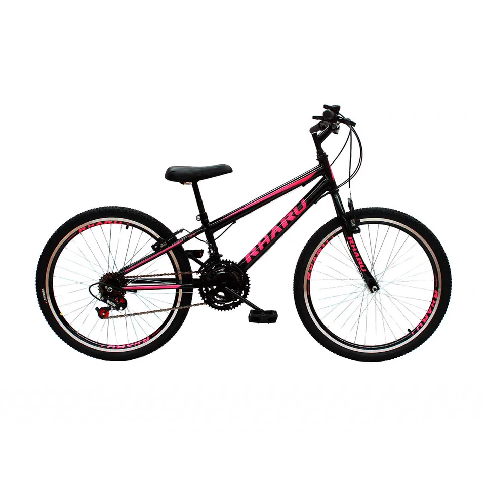 Bicicleta MTB juvenil preta e rosa com câmbio